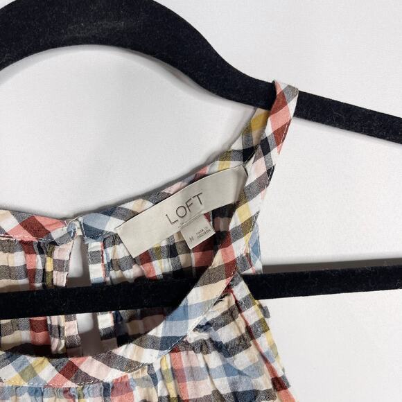 LOFT Medium M Plaid Tiered Ruffle Sleeveless Blouse Red Yellow Black Crew Neck - Picture 8 of 9